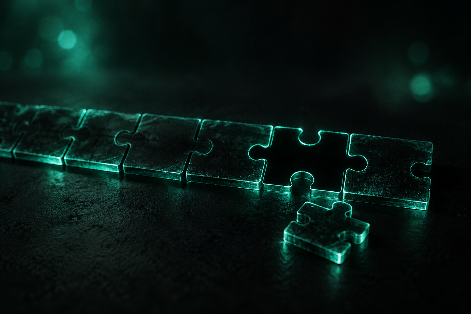 A row of glowing teal puzzle pieces fitted together, with one gap left deliberately open and marked, not forced shut