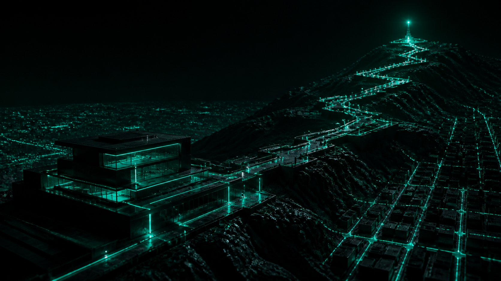 A near-black cinematic scene of a website structure engineered to climb and rank in local search, lit only by teal light