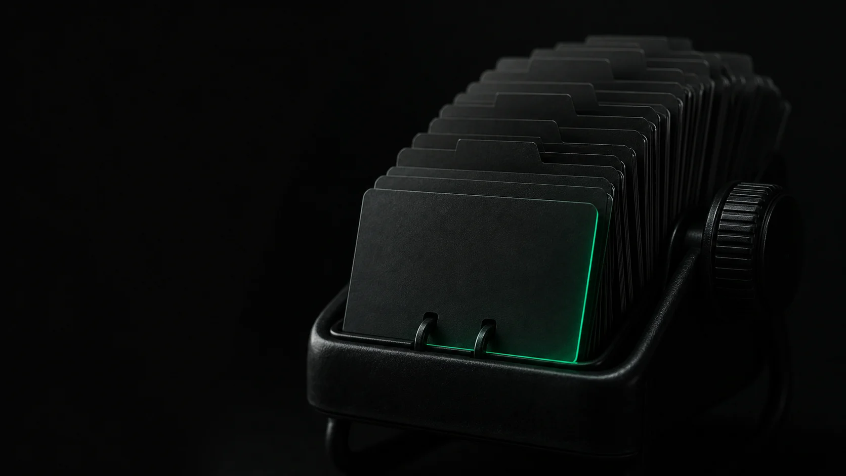 A dark rolodex of contact cards fading to black one by one, the last card's teal glow slowly dimming out like a dying ember
