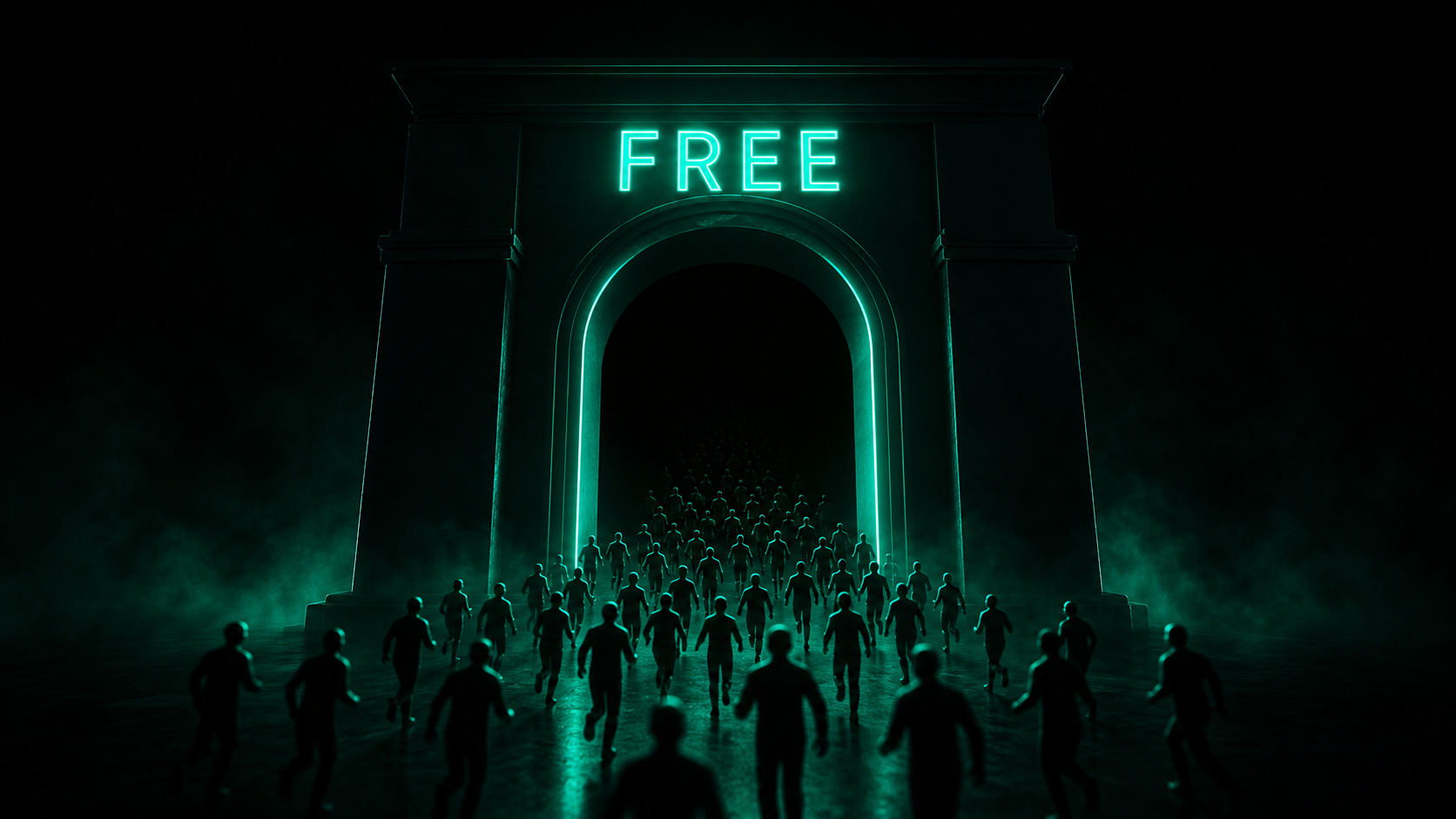 A wide, unguarded dark gateway with a glowing teal FREE sign, dozens of small flat dark silhouettes streaming through it unchecked into the darkness beyond