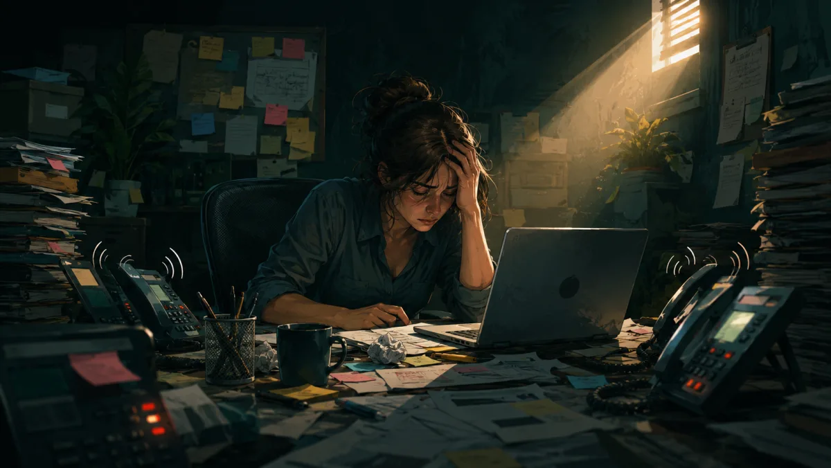 An exhausted small business owner buried under every job at once — the chaos of doing it all yourself