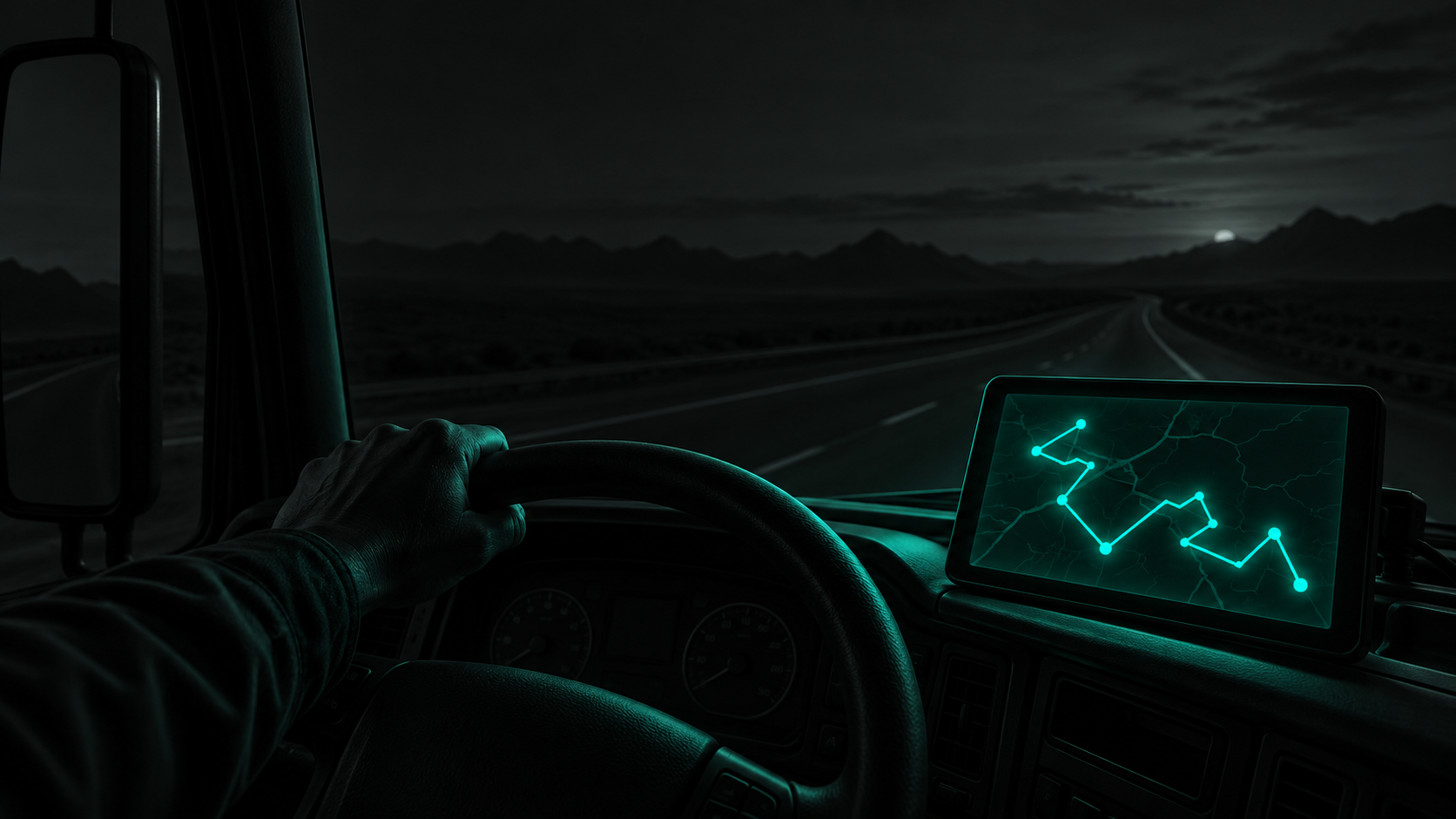 A dark truck cabin at dusk, a hand on the wheel, the dashboard GPS glowing teal with a wasteful zigzag route between job stops