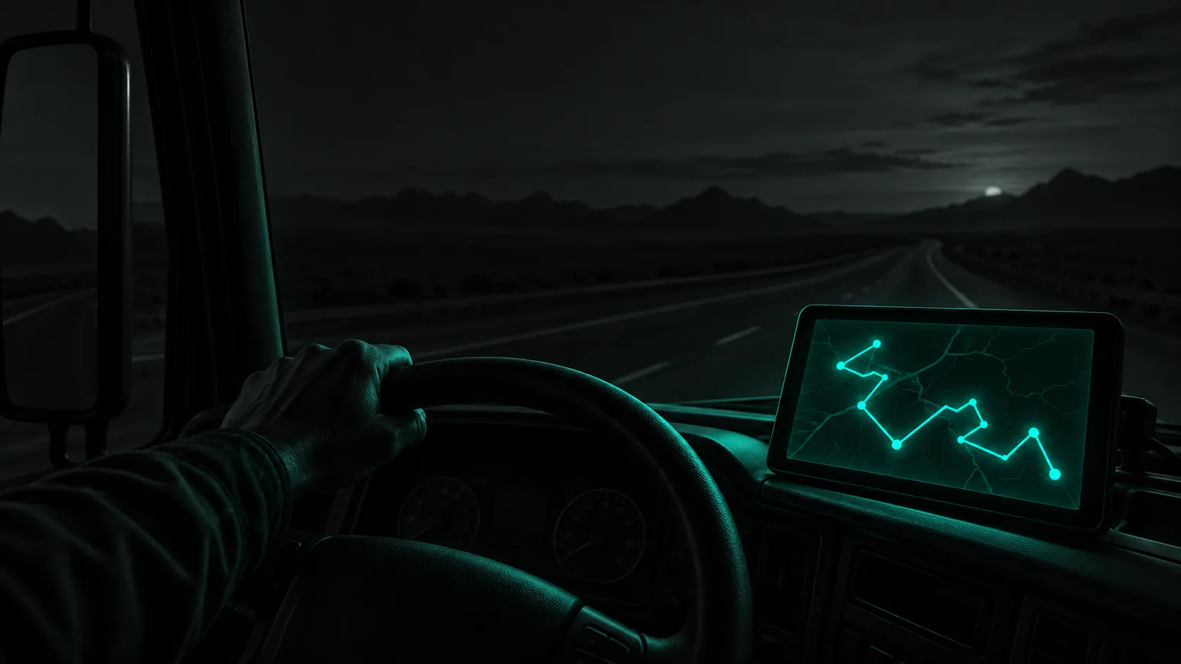 A dark truck cabin at dusk, a hand on the wheel, the dashboard GPS glowing teal with a wasteful zigzag route between job stops