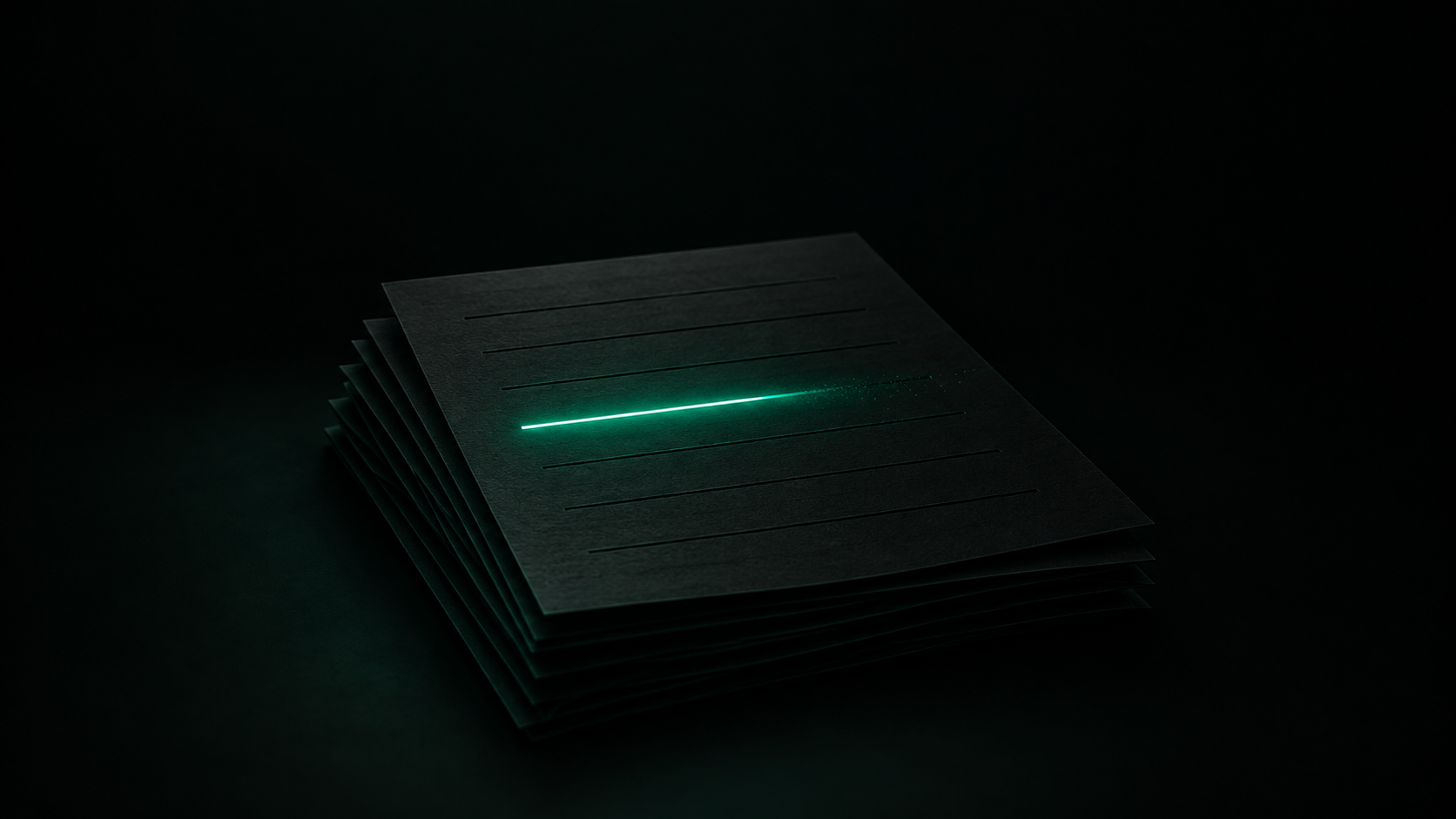 A single glowing teal line item quietly fading on a stack of dark invoices, unnoticed