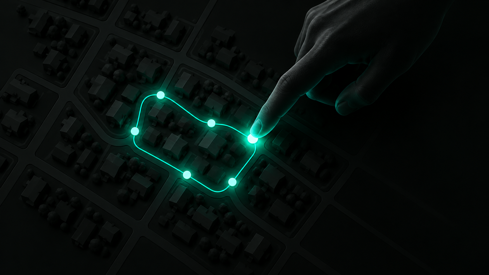 A hand tracing a tight, efficient teal loop connecting job stops clustered in one neighborhood on a dark map